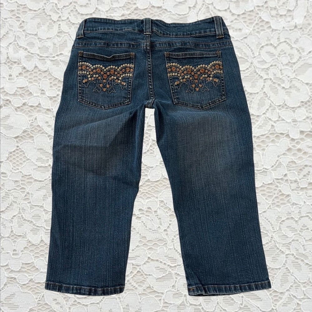 vintage lee floral embroidered denim capri pants